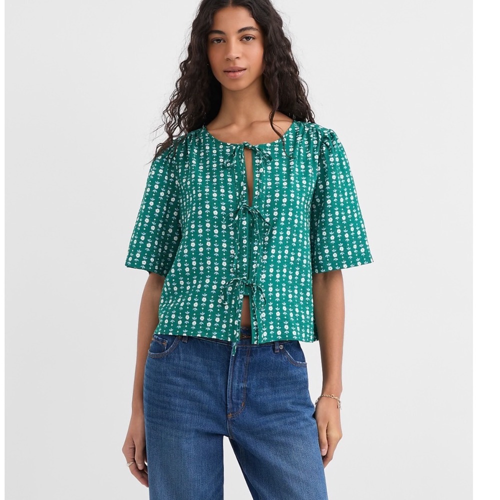 Loft Green Floral Block Print Tie-Front Short Sleeve Top Small